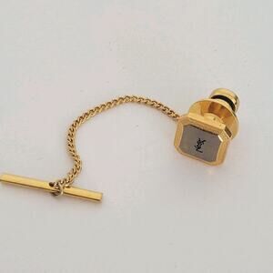 Yves Saint Laurent YSL Tie Necktie Pin Silver Gold Tone Logo Square Vintage